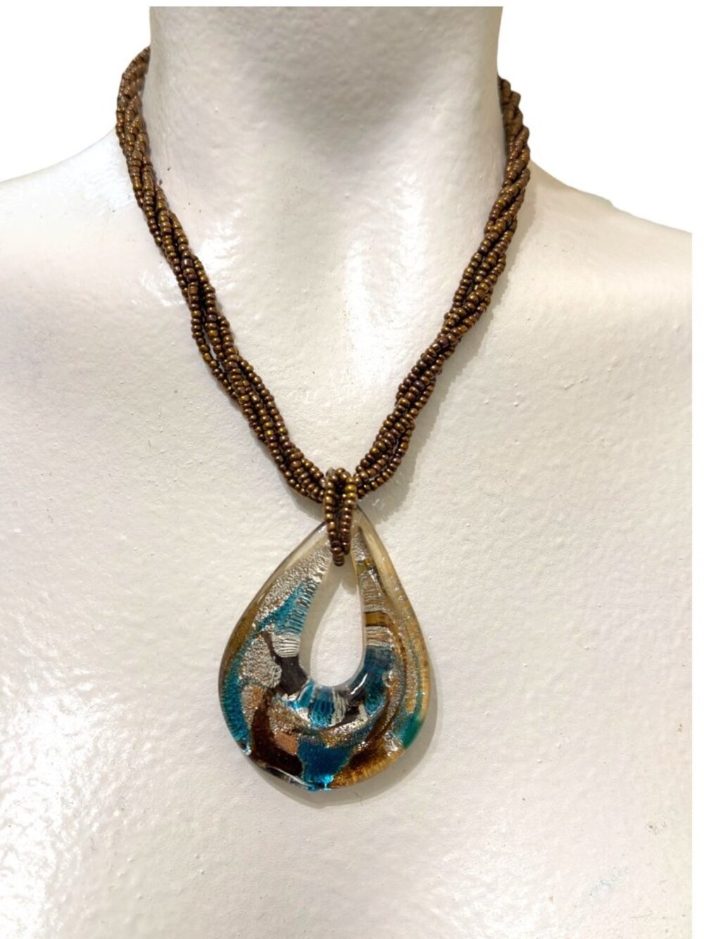 Vintage Murano Glass Teardrop Pendant Necklace With Bronze Beaded Cord